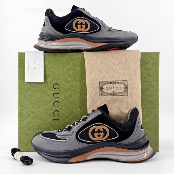 NEW GUCCI Run Interlocking G Men\'s Black Grey Suede Logo Sneakers G 9.5 / US 10